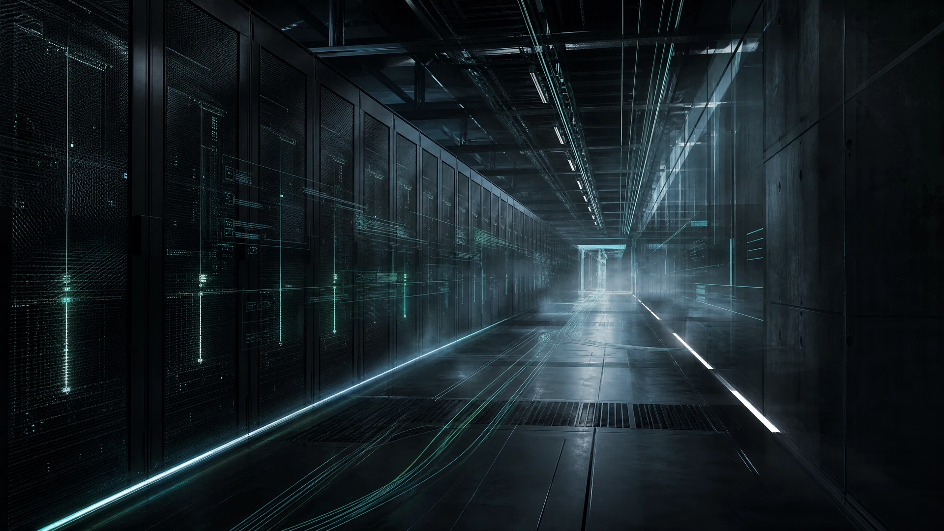 Datacenter futurista com interfaces holográficas