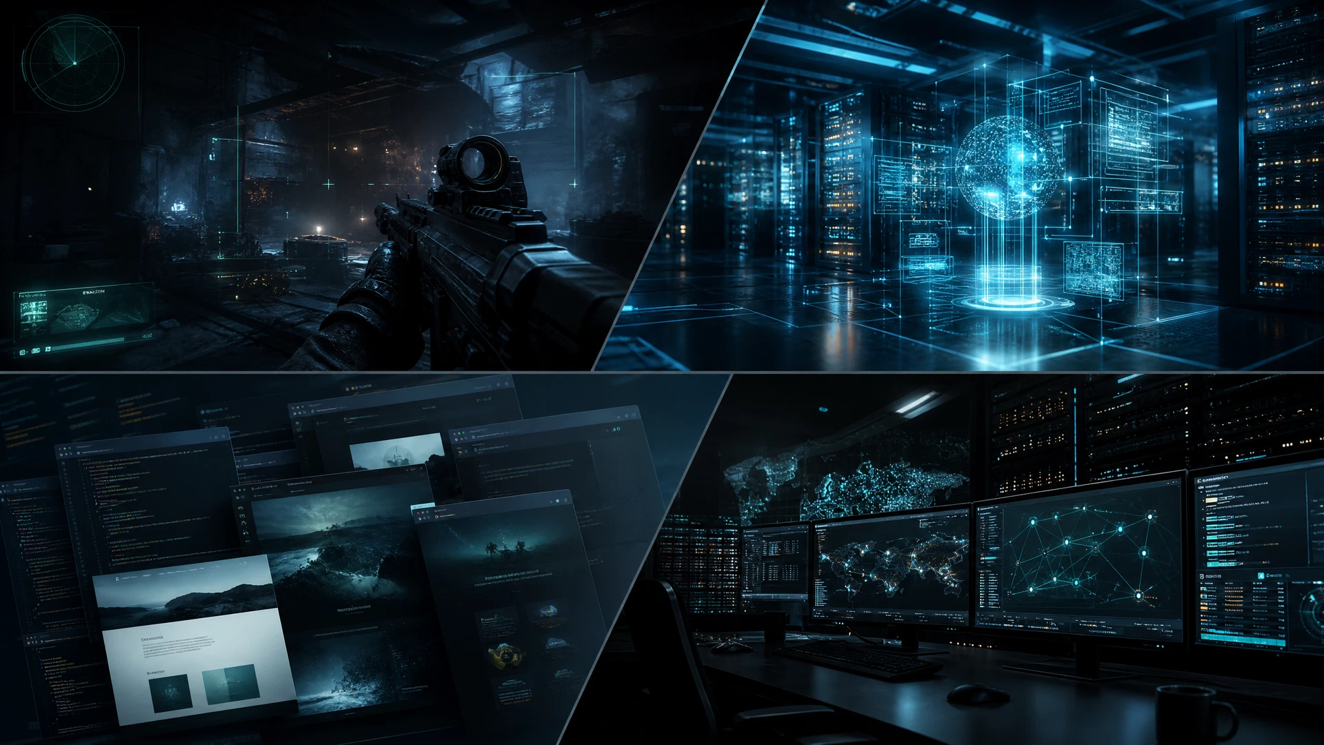 Ambiente de game competitivo com monitores e interface tática abstrata